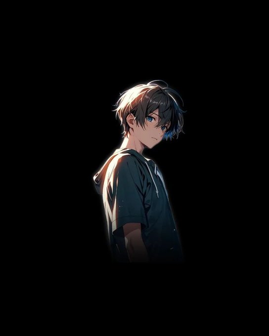 An anime-style illustration of a young man with dark, messy hair and blue eyes, wearing a dark hoodie against a black background.