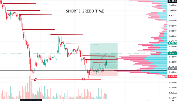 A trading chart displays Ethereum (ETH) price action with a red "SHORTS GREED TIMES" headline, showing price consolidating around $1,600-$1,720 near a key liquidation zone, with horizontal support lines at $1,529 and resistance around $1,794, illustrating the post's bullish thesis that leveraged short positions are vulnerable to a squeeze while the author advocates for long positions.