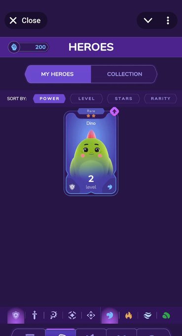 A mobile game interface showing a 'HEROES' menu with a 'MY HEROES' tab selected, displaying a single character card named 'Dino' that is a Rare 2 level green dinosaur creature, with sorting options for Power, Level, Stars, and Rarity.