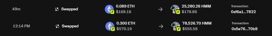 A cryptocurrency transaction history showing two "Swapped" transactions: 0.089 ETH ($169.16) for 25,280.26 HMM ($178.86), and 0.300 ETH ($570.19) for 78,526.70 HMM ($555.58).