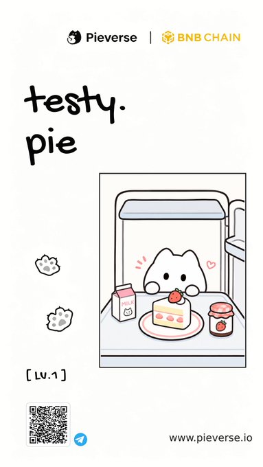 The image features a cartoon cat sitting at a table with a cake, surrounded by various items such as a milk carton, a jar of jam, and a bottle. The text "Testy Pie" is written above the cat's head on the image. Below this, there are two lines of text that read "Meet testy.pie — my onchain agent on @pieverse_io ... Agent Survival Quest completed via BNBAgent SDK pieverse.io/campaigns/bnb- @pieverse_io @pieverse_agent0 @BNBChain". The image is related to the post because it features a cartoon cat and text that reads "Testy Pie" in a fun, playful way.