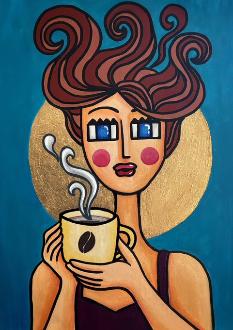 A stylized acrylic painting of a woman with swirling auburn hair, rosy cheeks, and bright blue eyes holding a steaming coffee cup with a coffee bean emblem, set against a gold sun disc on a teal background—visually embodying the post's title "A Sip of the Sun" (10/10 edition, dated 9.19, with $XTZ mentioned).