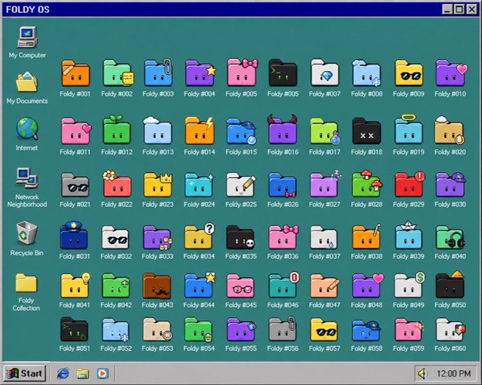 A Windows 98-style desktop displays the "FOLDY OS" interface featuring 60 colorful folder icons labeled "Foldy #001" through "Foldy #060," each with unique facial expressions and accessories, alongside standard desktop shortcuts like My Computer and Recycle Bin. The image illustrates the post's prompt, presenting the full collection of Foldy characters for users to choose their single favorite from.