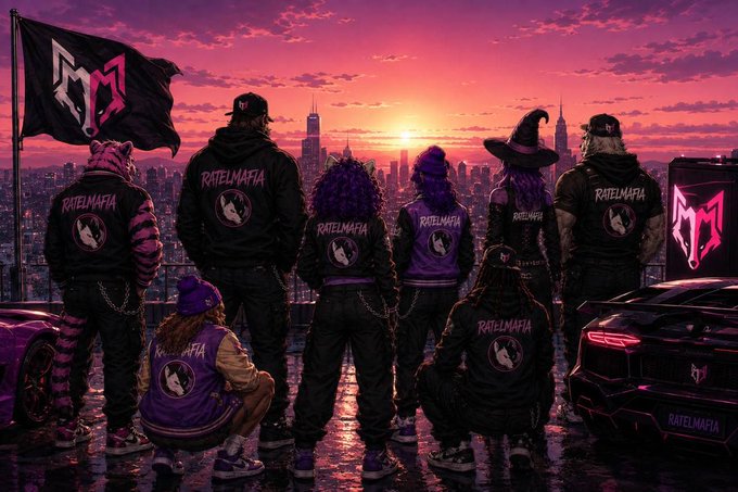 A group of figures wearing black hoodies and jackets emblazoned with "RATELMAFIA" stand overlooking a city skyline at sunset, flanked by a black flag bearing the group's pink wolf logo and a dark sports car with "RATELMAFIA" on its license plate.