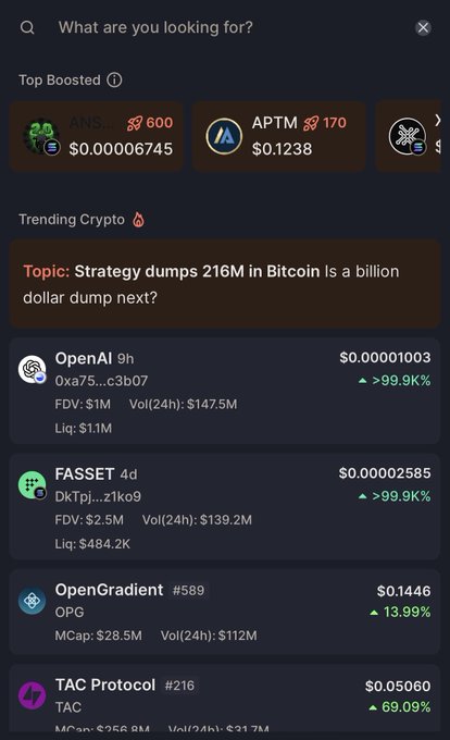 The image shows a crypto tracking interface featuring "Top Boosted" tokens including $ANSEM at $0.00006745 with a 600 boost, alongside trending crypto entries like OpenAI, FASSET, OpenGradient (OPG), and TAC Protocol. A highlighted topic reads "Strategy dumps $216M in Bitcoin" — connecting to the post's excitement about ANSEM2 trending on CoinMarketCap as a "Black Bull 2.0" candidate.