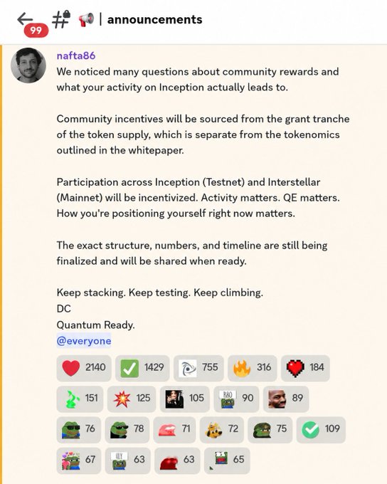 The image shows a Discord announcement from user "nafta86" in the #announcements channel explaining that community incentives for Inception (Testnet) and Interstellar (Mainnet) will be sourced from the grant tranche of the token supply, separate from the whitepaper tokenomics, with exact structure, numbers, and timeline still being finalized. The message received significant engagement with reaction counts including 2140 heart reactions, 1429 checkmarks, and 755 wave reactions, reinforcing the post's emphasis on how community activity matters for rewards.