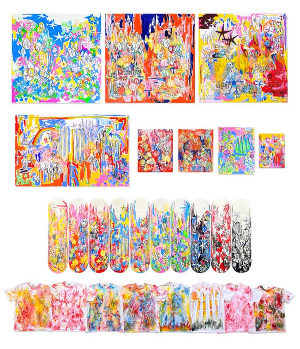 A colorful, chaotic painting style applied to various merchandise, including canvas prints, skateboard decks, and t-shirts, featuring vibrant pinks, yellows, and blues.