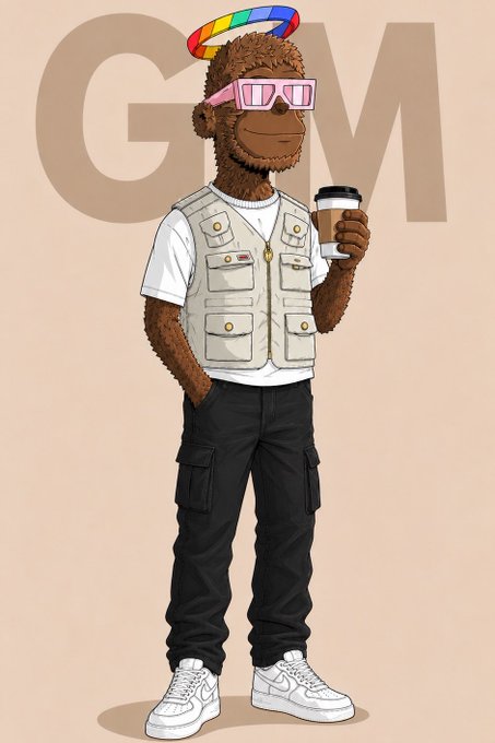 The image features a cartoon monkey wearing sunglasses, a vest, and holding a coffee cup while standing against a beige background. The caption of the image reads "GM everyone Crypto really turned checking your phone into a full time habit Wen new ATH‘s?". This suggests that the monkey is promoting a lifestyle or trend related to cryptocurrency, as it appears to be wearing sunglasses and holding a coffee cup, which are often associated with spending time outdoors.
