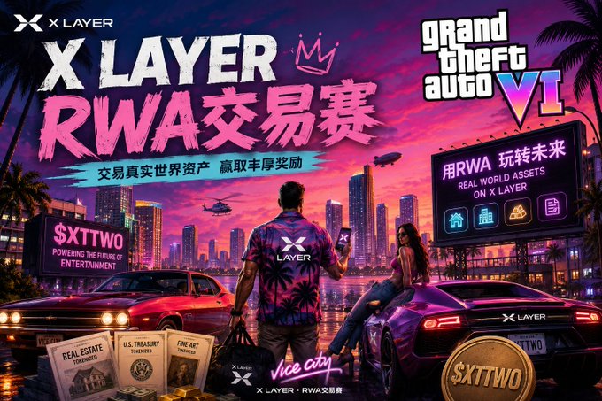 Promotional graphic for 'X LAYER RWA 交易赛' (RWA Trading Competition) themed around GTA VI, featuring characters in front of luxury cars and city skyline with text about trading real world assets on X Layer using token $XTTWO.
