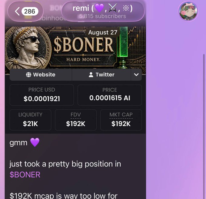 A crypto token page shows "$BONER" priced at $0.0001921 USD with a $192K market cap, alongside a chat message from "remi" reading "gmm 💜 just took a pretty big position in $BONER."