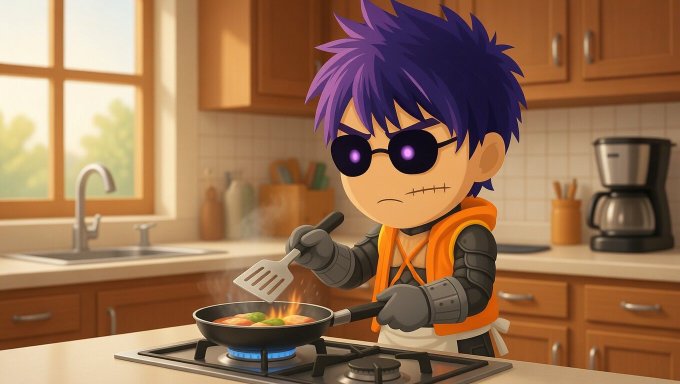 An anime-style character with spiky purple hair, round black sunglasses, and an orange vest cooking in a frying pan on a gas stove in a kitchen.