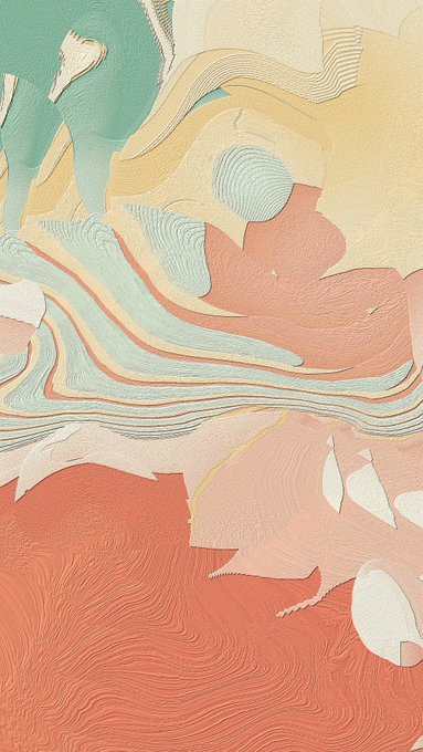 An abstract painting features flowing, layered brushstrokes in coral, teal, yellow, and white.