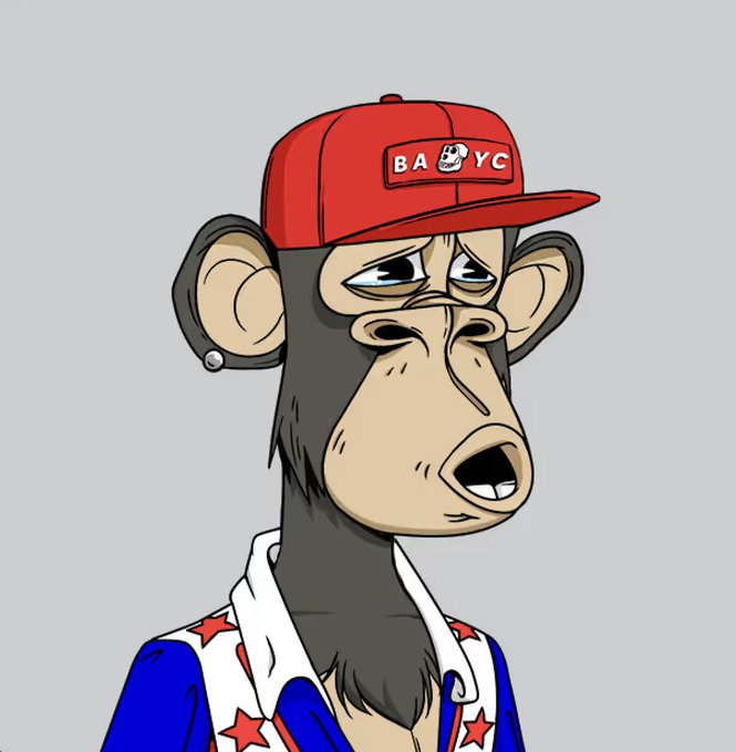 A digital illustration of a Bored Ape-style cartoon monkey wearing a red 'BABYC' cap and a blue, red, and white star-patterned jacket. The monkey has a sad expression and is set against a plain gray background.