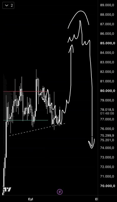 A TradingView BTC/USD chart shows Bitcoin's price surging from around $78,000 to a peak near $88,000 before sharply correcting down to approximately $74,000, with a hand-drawn arrow and annotations highlighting this volatile pump-and-dump pattern that closely matches the trader's predicted move, validating their analysis that long positions near $78,000 would have been profitable while keeping focus on the $76,000 loss level and the upcoming $83-84k target zone.