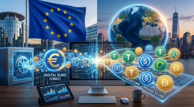 Illustration depicting the Digital Euro (CBDC) on the left side with the EU flag, and various stablecoins (USDT, USD Coin, PAX Dollar, DAI) flowing toward the right side against a global cityscape background.