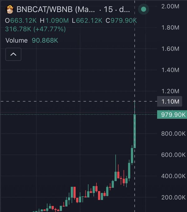 A candlestick chart displays BNBCAT/WBNB trading at $979.90K after reaching a high of $1.090M, marking a 47.77% surge, visually confirming that the $BNBCAT token broke the $1M milestone mentioned in the post.