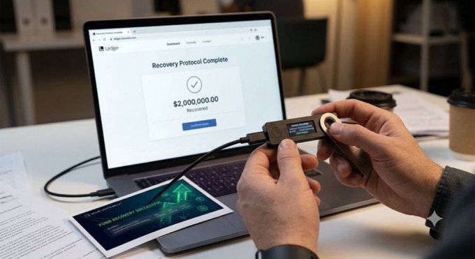 A promotional image depicting a Ledger hardware wallet connected to a laptop displaying a 'Recovery Protocol Complete' page with $2,000,000.00 recovered, alongside printed 'Fund Recovery Successful' and 'Financial Report' documents on the desk.