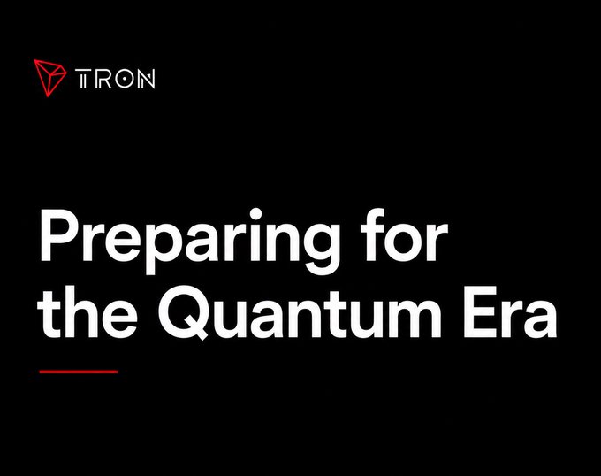The image features the TRON logo in the top-left corner against a black background, with the bold white text "Preparing for the Quantum Era" displayed prominently in the center, accompanied by a small red underline accent. The graphic visually reinforces the post's message about proactively addressing quantum computing security challenges in blockchain infrastructure, with TRON positioning itself as a forward-thinking platform ready for future technological shifts.