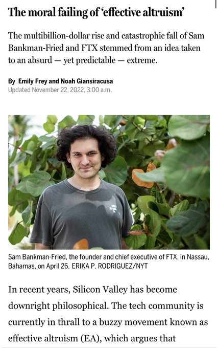 A Washington Post article titled 'The moral failing of effective altruism' featuring a photo of Sam Bankman-Fried credited to 'ERIKA P. RODRIGUEZ/NYT'.