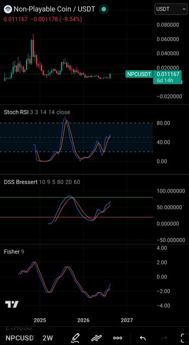 A TradingView cryptocurrency chart for 'Non-Playable Coin / USDT' (NPCUSD) showing price action along with Stoch RSI, DSS Bressert, and Fisher indicators.
