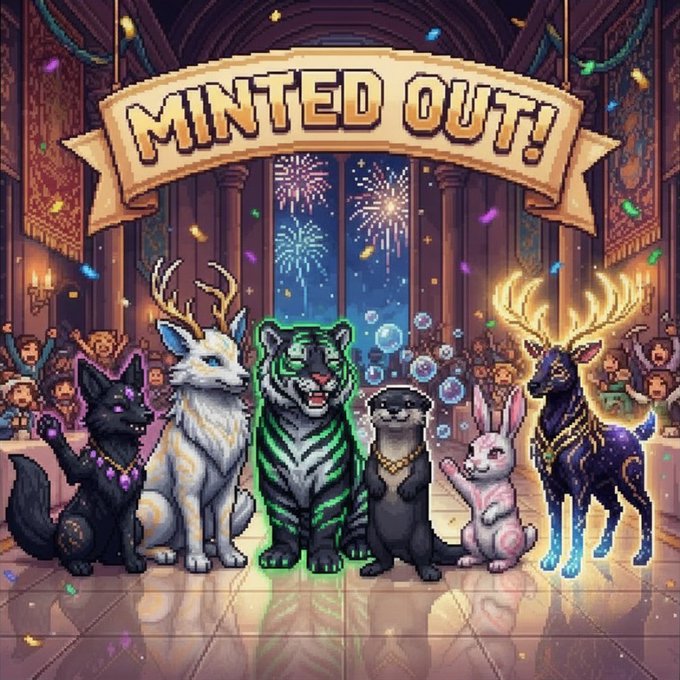 An illustration titled 'Minted Out!' showing a lineup of fantasy animal characters (wolf, deer, tiger, otter, rabbit, stag) in a celebratory hall with fireworks and confetti.