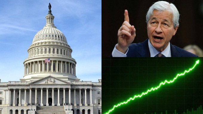 The image shows the U.S. Capitol building, a portrait of Jamie Dimon, and a rising green stock chart, alluding to the American Bankers Association's support for the Crypto CLARITY Act and the potential positive financial impact.