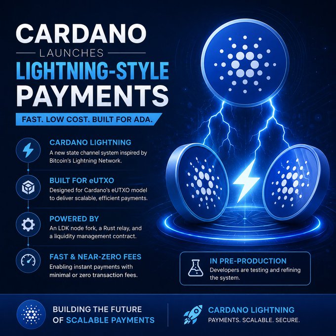 An infographic announces 'CARDANO LAUNCHES LIGHTNING-STYLE PAYMENTS,' highlighting features like Cardano Lightning, Built for eUTXO, and Fast & Near-Zero Fees, with a note that it is 'IN PRE-PRODUCTION.'