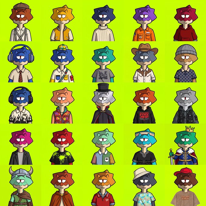 A grid of 25 cartoon cat characters with varying hairstyles, outfits, and accessories displayed on a lime green background, including figures wearing headphones, top hats, crowns, and Viking helmets, with one wearing a shirt reading "CYCLOPS EYRIX" — corresponding to the #CyclopsEyrix NFT collection's GTD (Guaranteed) mint applications promotion.