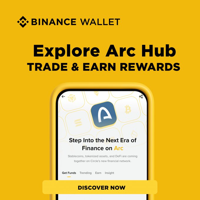 A Binance Wallet promotional banner with a yellow background advertises "Explore Arc Hub — Trade & Earn Rewards," featuring a phone display showcasing Circle's Arc network with options to "Get Funds," "Trending," "Earn," and "Insight," accompanied by a "DISCOVER NOW" call-to-action button. The ad supports a campaign encouraging users to bridge to Arc and earn a share of 1,000 USDC in rewards.