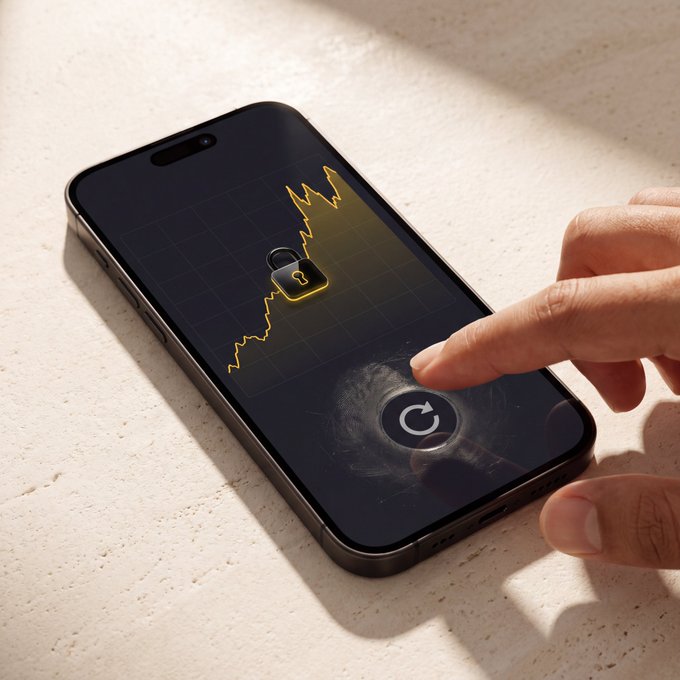 A smartphone displaying a digital security/financial chart graphic with a padlock and refresh icon, as a finger taps the screen.