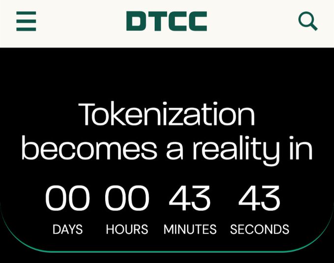 A screenshot from the DTCC website showing a countdown timer with the text 'Tokenization becomes a reality in' and '00 00 43 43' counting down days, hours, minutes, and seconds.