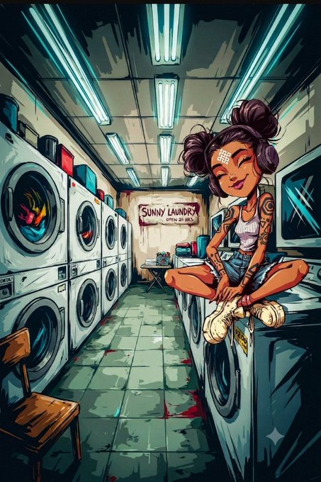 A stylized illustration shows a tattooed woman with space buns sitting on top of a washing machine in a laundromat, putting on socks while smiling with closed eyes. A sign on the wall reads "Sunny Laundry, Open 24 hrs," and the image's laundromat setting metaphorically suggests this Saturday is for "cleaning up" loose ends — testing apps, ideas, or making one more transaction on the Ritual testnet, with "small steps today" leading to "bigger builds tomorrow."
