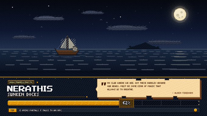A pixel-art video game screenshot shows a sailboat on the ocean at night with text "NOW TRAVELLING TO: NERATHIS SUNKEN DOCKS" and a quote from "ALDEN TIDEBORN" about bubbles and magic.