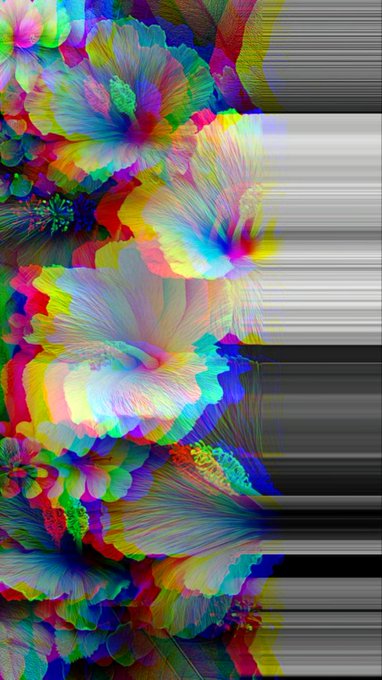 Abstract digital art featuring vibrant, multi-colored flower-like shapes on the left side transitioning into horizontal metallic silver and black stripes on the right.