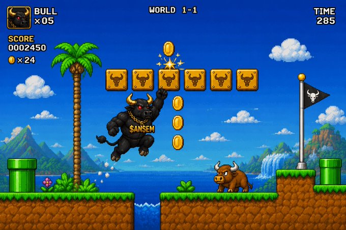 A Super Mario-style video game screen showing a black bull character labeled 'SANSEM' x05 collecting coins on World 1-1.