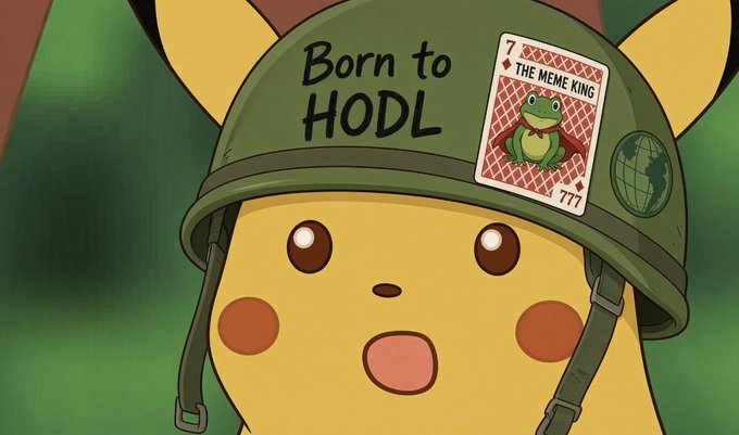 An illustration of Detective Pikachu wearing a military helmet inscribed 'Born to HODL' with a 'THE MEME KING' playing card featuring Pepe the Frog.