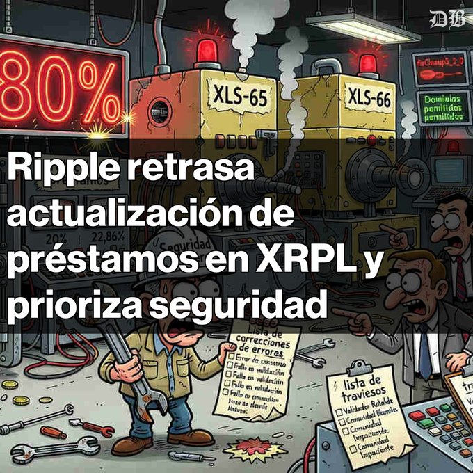A Spanish-language crypto news graphic reading "Ripple retrasa actualización de préstamos en XRPL y prioriza seguridad" (Ripple delays XRPL loans update and prioritizes security), featuring cartoon machinery labeled XLS-65 and XLS-66.