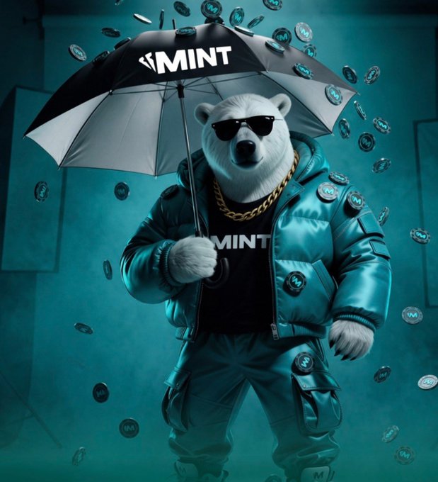 A 3D-rendered illustration shows a white bear wearing sunglasses, a shiny teal puffer jacket, and a gold chain necklace. The bear holds a black umbrella with 'MINT' written in white, surrounded by falling 'M' tokens in a teal-colored environment.