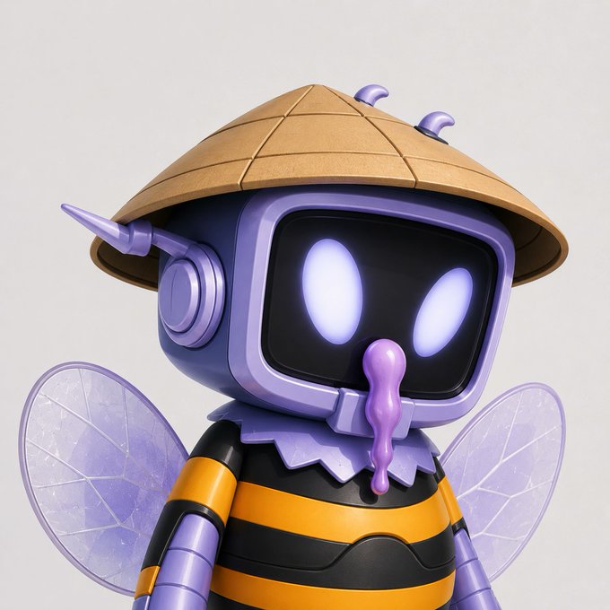 A 3D-rendered purple robot character wearing a conical straw hat with translucent wings, a striped yellow and black body, and glowing eyes.