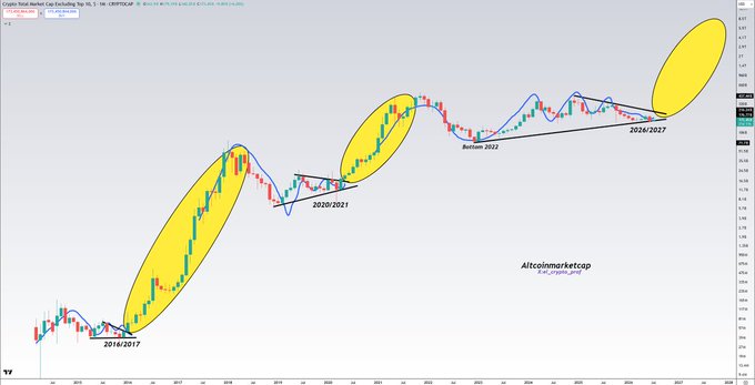 A long-term chart titled 'Crypto Total Market Cap Excluding Top 10' with yellow ellipses marking significant market cycles in 2016/2017, 2020/2021, 2024/2027, with an annotation indicating a 'Bottom 2025'.