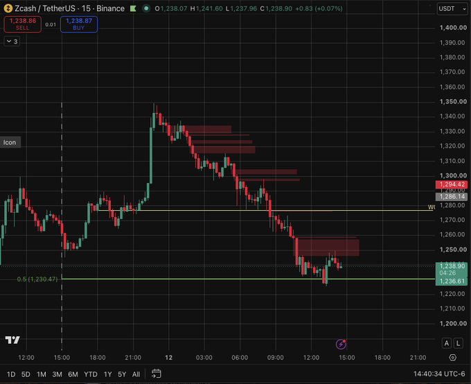 A Binance candlestick chart for Zcash/TetherUS showing a price decline from around $1,340 to $1,238 over the displayed timeframe.