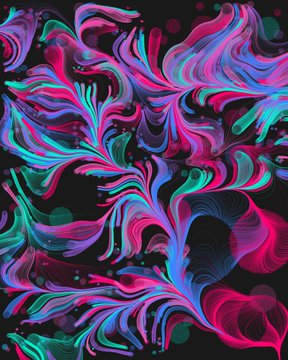 A vibrant abstract digital artwork featuring swirling tendrils of pink, magenta, blue, and turquoise against a black background.