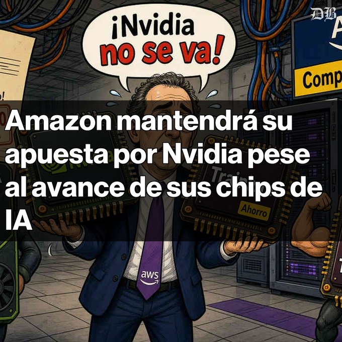 A Spanish-language tech meme with text 'Amazon mantendrá su apuesta por Nvidia pese al avance de sus chips de IA' and a speech bubble saying '¡Nvidia no se va!'