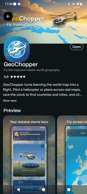 Google Play Store listing for GeoChopper, a 4.6-star educational game app featuring the tagline 'Fly. Explore. Learn.' and a description that reads 'GeoChopper turns learning the world map into a flight.'