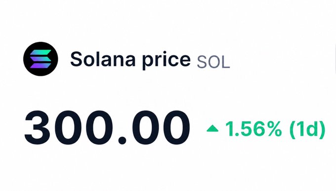 A price display showing Solana (SOL) at $300.00, up 1.56% in the last 24 hours, with the Solana logo.
