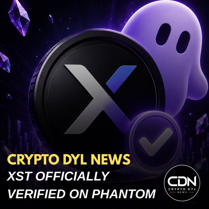 The image features a large black coin with the "X" symbol, accompanied by a purple ghost-like character and a verification checkmark, all set against a dark purple background with floating crystals. Text overlay reads "CRYPTO DYL NEWS," "XST OFFICIALLY VERIFIED ON PHANTOM," along with a "CDN - CRYPTO DYL NEWS" logo badge, visually announcing the official verification of the XST token on the Phantom platform.