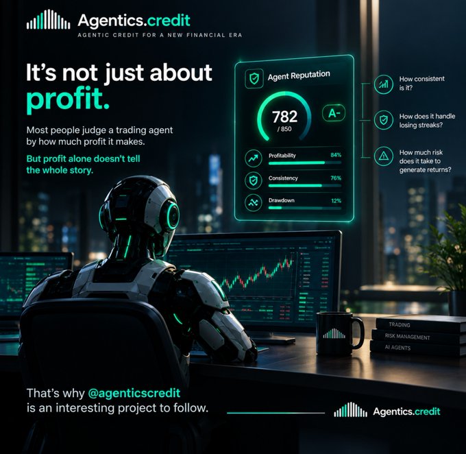 An advertisement for 'Agentics.credit' features a robot looking at a trading screen, with the text 'It's not just about profit' and an Agent Reputation score of '782 / 850'.