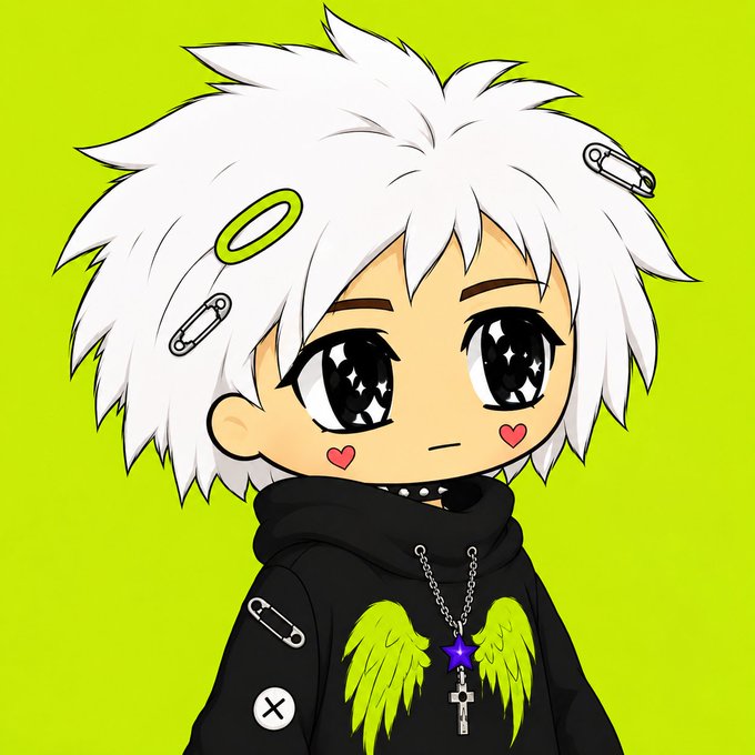 An anime-style chibi character with white spiky hair, large expressive eyes with heart-shaped highlights, wearing a black hoodie with neon green wings, a cross necklace, and safety pin accessories on a bright green background.