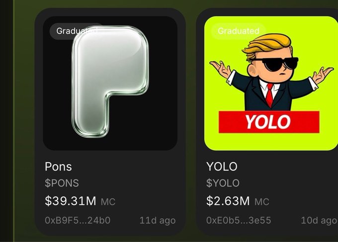The image displays two crypto tokens on a launchpad: "Pons" ($PONS) with a $39.31M market cap and "YOLO" ($YOLO) with a $2.63M market cap, both tagged as "Graduated." It visually supports the post's claim that $YOLO is the top meme coin on the Pons launchpad, highlighting its lower market cap and potential for growth compared to the parent token.