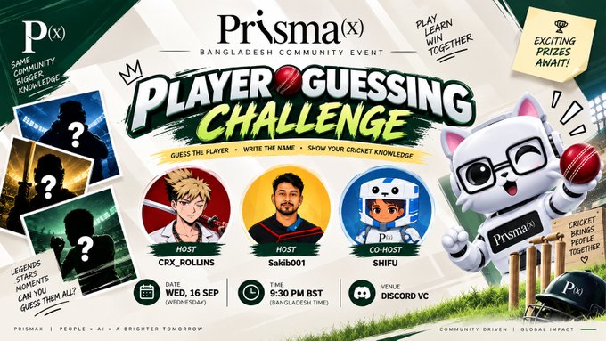 Event poster for the 'Prisma(x) Bangladesh Community Event' titled 'Player Guessing Challenge,' featuring a mascot and hosts CRX_ROLLINS, Sakib001, and SHIFU, scheduled for Wednesday, September 16, 2025, at 9:30 PM BST on Discord.